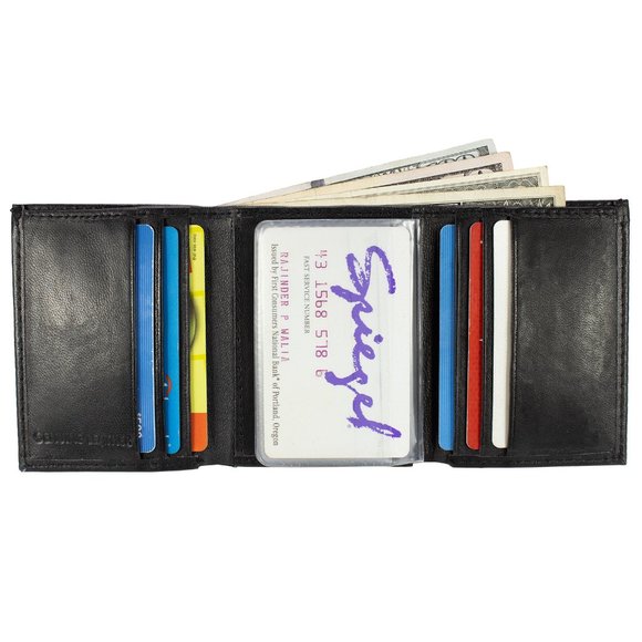 Men Trifold Wallet, Lambskin Leather Wallet Black - Picture 4 of 13